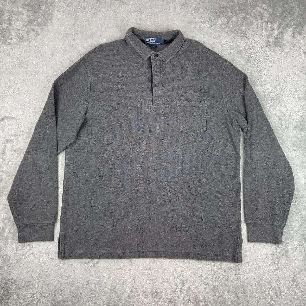 Vintage Polo by RALPH LAUREN Mens Thermal Polo Sweater Gray Long Sleeve Preppy
